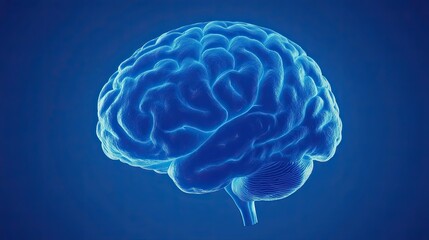 Anatomical brain shown close-up in 3D. The model is made of plastic and emits a glow. The concept of thought energy. Illustration for banner, cover, brochure or presentation.