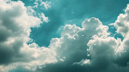 White fluffy cumulus clouds against blue sky. Weather conditions. Background of nature. Illustration for cover, postcard, interior design, banner, poster, brochure or presentation.