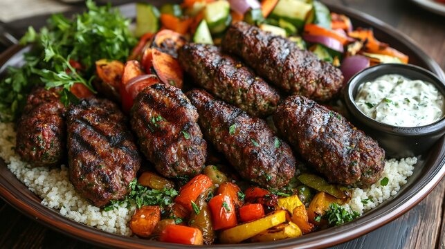 Grilled lamb koftas served with a couscous salad and roasted vegetables, accompanied by a side of tzatziki sauce, presented on a large platter