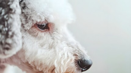A close-up of a Bedlington Terrier's face, highlighting its distinctive features and soft fur against a light solid color backdrop