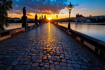 A sunset over Charles Bridge, with statues lining the stone walkway and the Vltava River glowing in the evening light