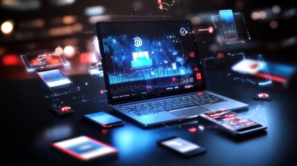 Fototapeta premium A laptop with a Cyber Monday ad displayed on the screen, surrounded by electronics like smartphones and tablets.