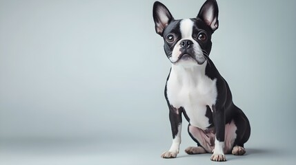 A playful Boston Terrier sitting on a light solid color background, with its big eyes and distinctive coat patterns visible