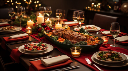 A top-down view of a beautifully set Christmas Eve table, featuring food