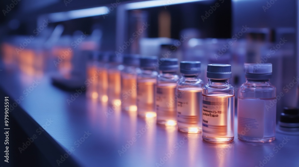 Poster rows of glass vials containing liquid medicine are illuminated by a bright light. the vials are arra