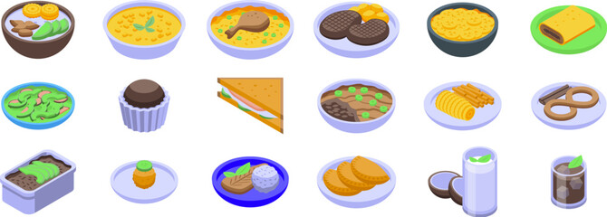 Cuban cuisine icons set. This vibrant collection showcases the rich culinary heritage of latin america, featuring a variety of traditional dishes and beverages