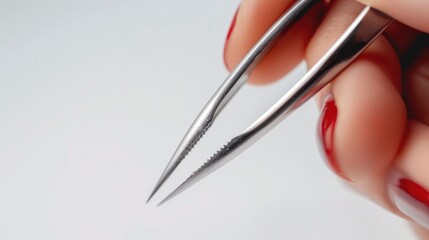 Manicure process with tweezers on white background top view