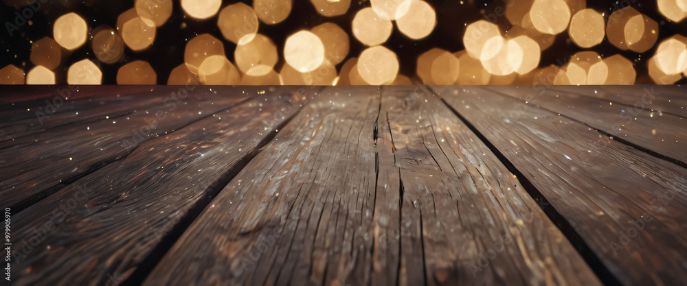 Wall mural wooden table with bokeh lights