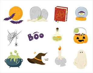 Halloween cute elements set. Ghost, a candy pumpkin, a spider web, a potion and spell book etc. Isolated on the white background.  EPS 10