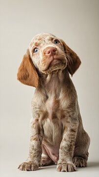 A playful Bracco Italiano puppy sitting on a light solid color background, emphasizing its curious expression and fluffy fur