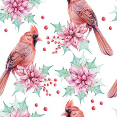 Watercolor Christmas seamless pattern - bird red cardinal with brunch, red berries and Red poinsettia flowers bouquet. Holly green leaves. Symbol of Christmas. Winter holiday decoration in retro