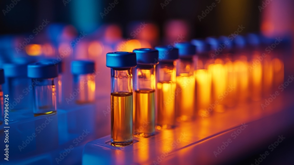 Poster vials containing vibrant liquids are neatly arranged on a lab bench, illuminated by a warm glow, sho