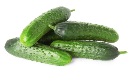 Pile of fresh cucumbers isolated on white, above view