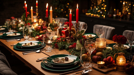 A top-down view of a beautifully set Christmas Eve table, featuring food