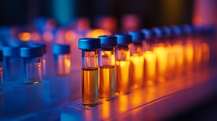 Vials containing vibrant liquids are neatly arranged on a lab bench, illuminated by a warm glow, showcasing a creative scientific atmosphere during evening hours in a laboratory.