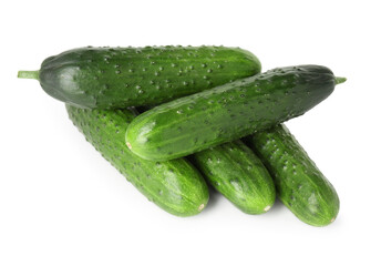 Pile of fresh cucumbers isolated on white