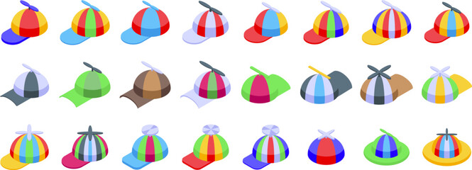 Cap propeller icons set. Set of funny colorful propeller hats with rotating fan blades on top in isometric view, different colors and design variations, isolated on white background © ylivdesign