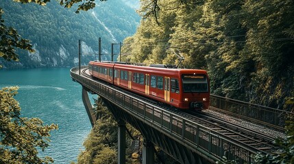 Train on a bridge, subway through a hill, train on a mountain, train on a bridge over the sea, train on a railway, public transportation, subway panorama, tram and river view. 