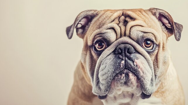 A close-up portrait of a bulldog with a wrinkled face and droopy eyes, showcasing its unique features against a light solid color background