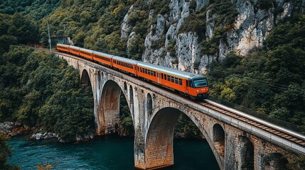 Train on a bridge, subway through a hill, train on a mountain, train on a bridge over the sea, train on a railway, public transportation, subway panorama, tram and river view. 