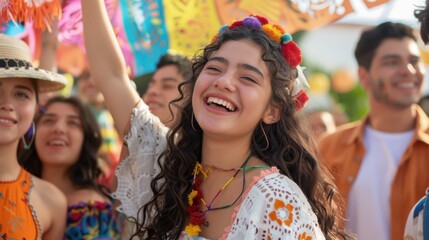 Fototapeta premium Joyful Summer Festival Celebration with Dancing and Colorful Decorations Featuring Happy Young Woman. Generative ai