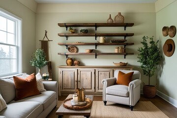 Cozy Rustic Living Room with Stylish Shelving and Decorative Accents on Light Wall Background