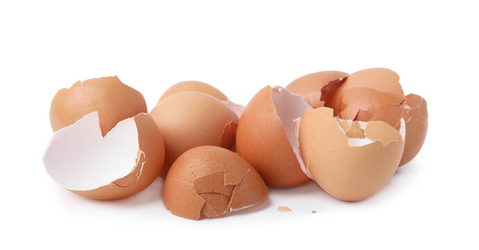 Pile of broken eggshells isolated on white