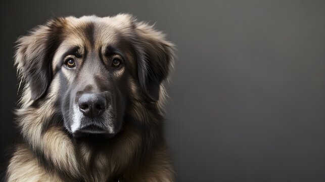 A Caucasian Ovcharka dog with a gentle expression, looking directly at the camera, with plenty of copy space on its left