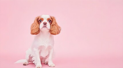 A playful Cavalier King Charles Spaniel sitting on a light pastel background, with its ears flopped down and a curious expression