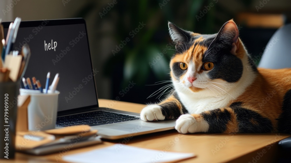 Poster an overweight calico cat lying next to a laptop on a desk, appearing to 