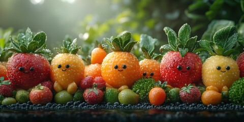 Explore a bustling cityscape where every fruit and vegetable has lively expressions and traits