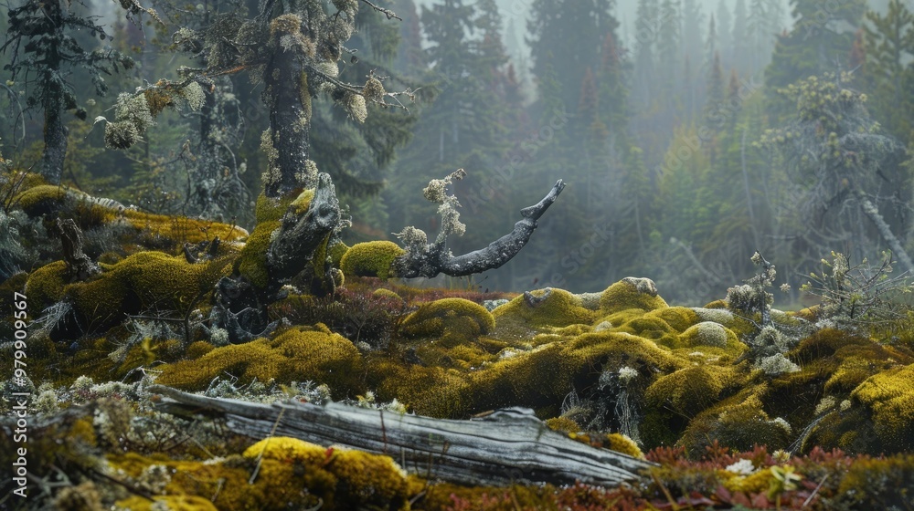 Poster Nature scene in the north with lichen moss and snags Ample space for text