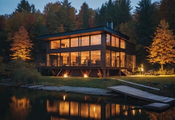 Obraz premium A large house is located on the shore of a beautiful lake