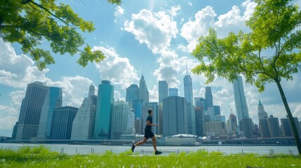 Obraz premium Cityscape jogging runner on riverside path with skyline, ideal for advertising text
