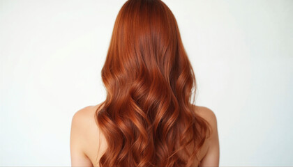 Fototapeta premium Back view of a woman with long, wavy copper-colored hair, styled to highlight its vibrant shine against a white background.