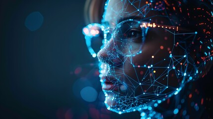 A woman's face is shown in a blue and orange light