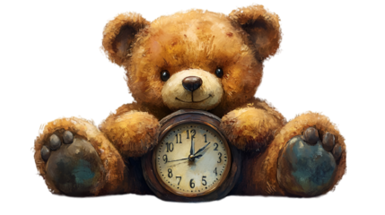 a teddy bear holding a clock. 