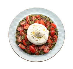 Fresh delicious burrata salad isolated on white, top view