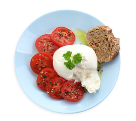 Delicious burrata cheese, tomatoes, parsley and bread isolated on white, top view
