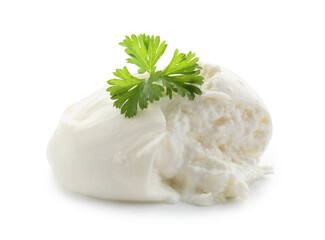 Delicious burrata cheese and parsley isolated on white