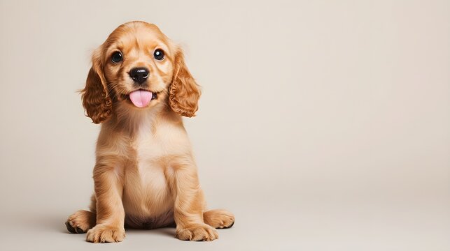 A playful Cocker Spaniel puppy sitting on a light solid color background, with its tongue out and a curious expression
