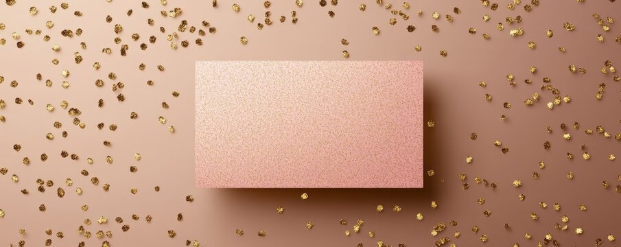 Elegant pink rectangular card with gold confetti on background for celebrations or invitations