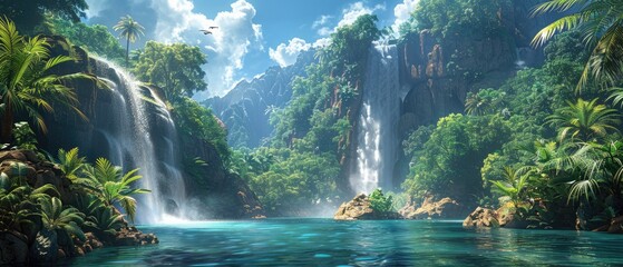 Scenic tropical waterfall cascading into a serene blue lagoon surrounded by lush green foliage on a sunny day.