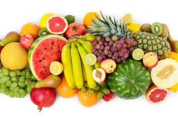 Many fresh ripe fruits isolated on white, top view