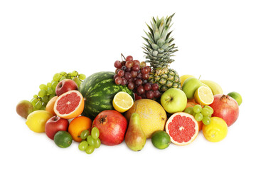 Many different fresh fruits isolated on white
