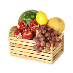 Many different fresh fruits in wooden crate isolated on white