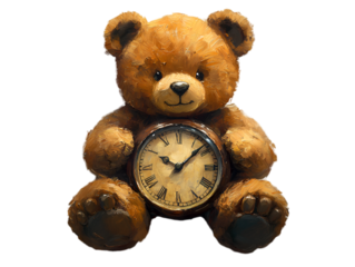 a teddy bear holding a clock. 