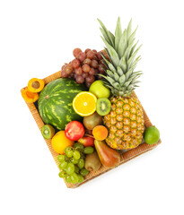 Many different fresh fruits in crate isolated on white, top view