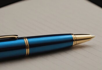 A vibrant blue fountain pen is elegantly resting atop a notebook