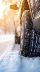 Close-up of winter tires on a car, with a snowy road in the background